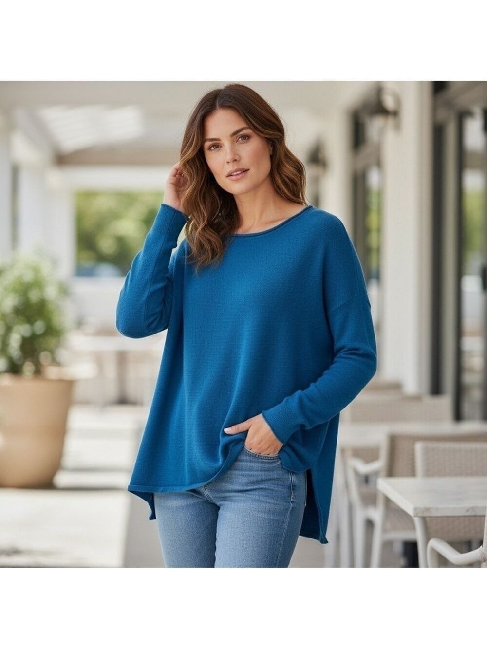 Tahari Blue Long Sleeve Sweater Asymmetrical Relaxed Fit 1X